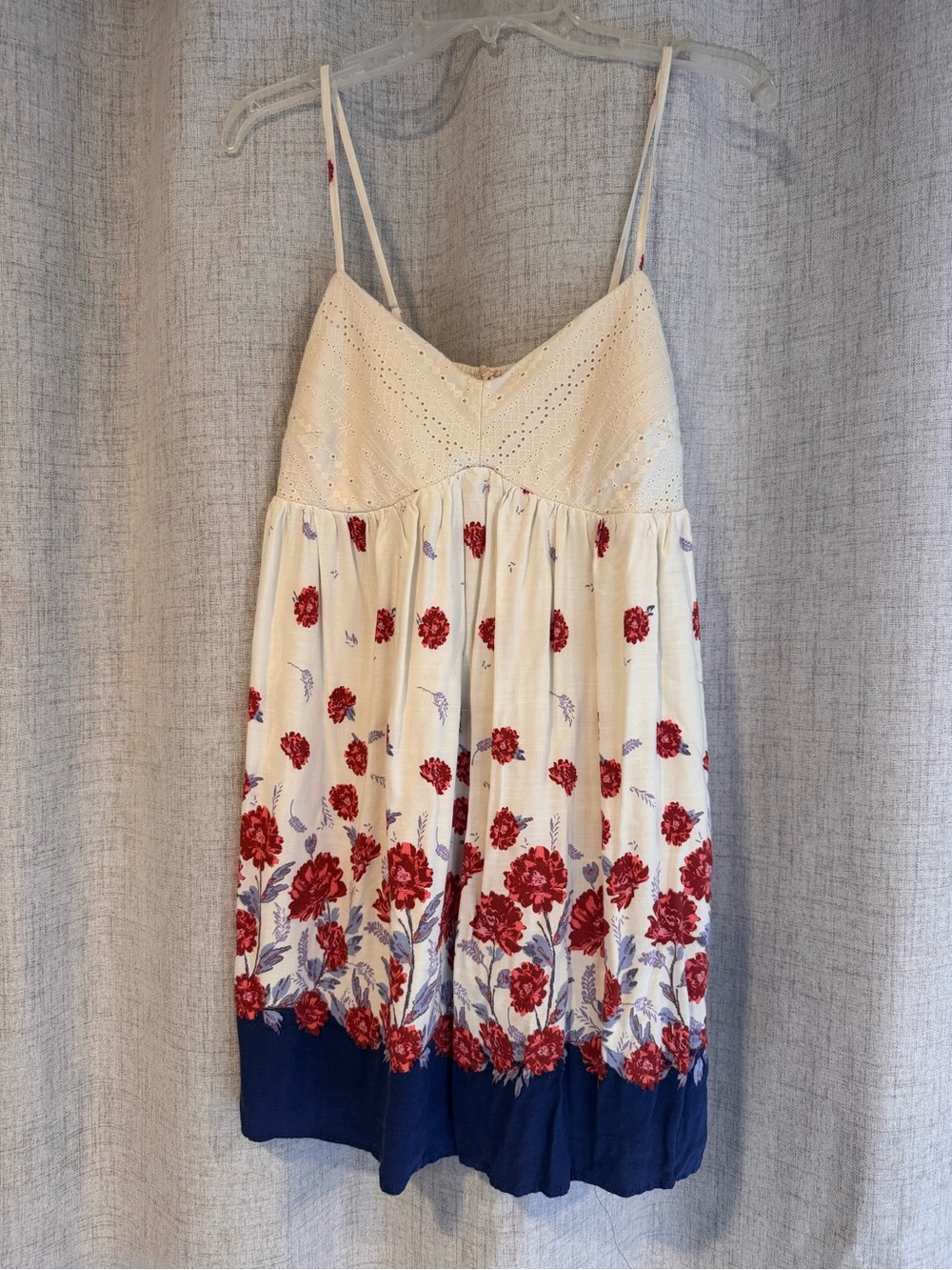 Rewind Cream Mini Dress with Red Floral Print and Navy Hem